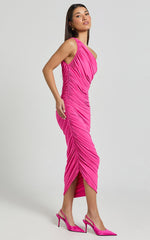 Lovlin Midi Dress - One Shoulder Ruched Dress in Fuchsia Pink