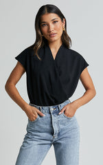 Lucianne Top - Short Sleeve Draped Top in Black