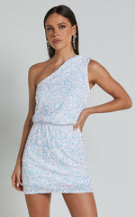 Lucy Mini Dress - One Shoulder Sequin Dress in White