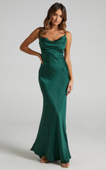 Lunaria Maxi Dress - Cowl Mermaid Slip Dress in Emerald Satin