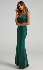 Lunaria Maxi Dress - Cowl Mermaid Slip Dress in Emerald Satin