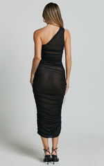 Lunette Midi Dress - One Shoulder Ruched Mesh Dress in Black