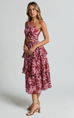 Lydie Two Piece Set - One Shoulder Top and Tiered Midi Skirt Set in Whirlwind Floral Print