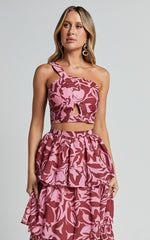 Lydie Two Piece Set - One Shoulder Top and Tiered Midi Skirt Set in Whirlwind Floral Print