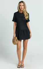 Lyons Mini Dress -  High Neck Short Sleeve Drop Waist Gathered Skirt Dress in Black