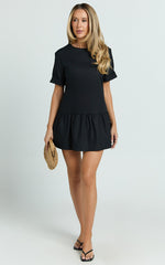Lyons Mini Dress -  High Neck Short Sleeve Drop Waist Gathered Skirt Dress in Black