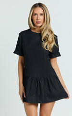Lyons Mini Dress -  High Neck Short Sleeve Drop Waist Gathered Skirt Dress in Black