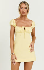 Maddy Mini Dress - Ruched Bust Short Sleeve Dress in Lemon