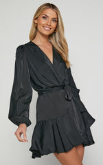 Mandie Mini Dress - V Neck Long Sleeve Wrap Dress in Black