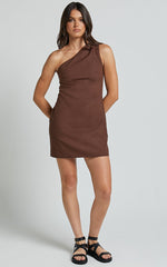 Mardelle Mini Dress - Linen One Shoulder Shift Dress in Chocolate