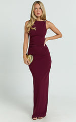 Marga Maxi Dress - High Neck Shoulder Detailing Dress in Wine