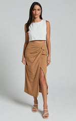 Marieta Midi Skirt - Linen Look Knot Front Skirt in Biscuit