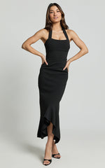 Maris Midi Dress - Full Length Halter Tie Neck Dress in Black
