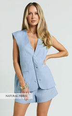 Marlee Two Piece Set - Linen Button Through Vest and Shorts Set in Blue