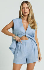 Marlee Two Piece Set - Linen Button Through Vest and Shorts Set in Blue