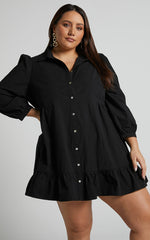 Maulee Mini Dress - Frill Hem Shirt Dress in Black