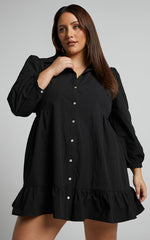 Maulee Mini Dress - Frill Hem Shirt Dress in Black