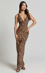 Mauriel Midi Dress - Deep V Gathered Bust Slip Dress in Leopard Print