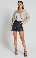 Mayvie Jacket - Collarless Long Sleeve Wool Look Jacket in Beige