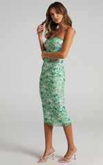 Brunetta Midi Dress - Strapless Mesh Dress in Green Furnishing Florals