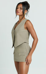 Melinda Top- Recycled Tailored Button Through Vest Top in Light Olive