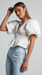 Mellie Top - Puff Sleeve Peplum Top in White