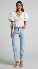 Mellie Top - Puff Sleeve Peplum Top in White