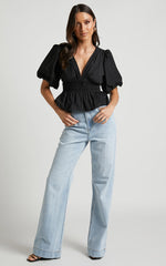 Mellie Top - Puff Sleeve Peplum Top in Black