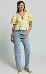Mellie Top - Puff Sleeve Peplum Top in Yellow