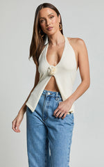 Mia Top - Knitted Halter Neck Rosette Detail Top in Cream