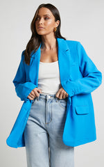 Michelle Blazer - Oversized Plunge Neck Button Up Blazer in Blue
