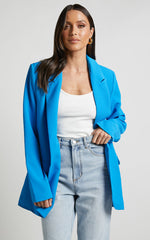 Michelle Blazer - Oversized Plunge Neck Button Up Blazer in Blue