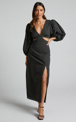 Miggy Midi Dress - Puff Sleeve Cut Out Split Dress in Black