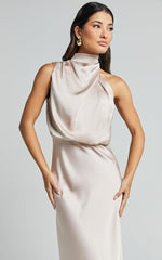Minnie Midi Dress - Drape Neck Satin Slip Dress in Champagne