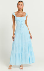 Nabby Midi Dress - Sweetheart Ruched Bust Short Sleeve Dress in Blue