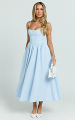 Nadine Midi Dress - Bustier Corset Waist Gathered Full Skirt Dress in Baby Blue