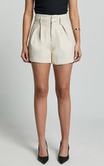 Nami Shorts - High Waisted Pleated Tailored PU Shorts in Bone