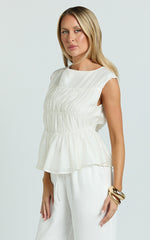 Naomi Top - Shirred Short Sleeve Top in White
