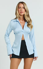 Natalie Top - Button Up Flared Sleeve Shirt in Light Blue