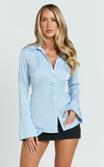 Natalie Top - Button Up Flared Sleeve Shirt in Light Blue