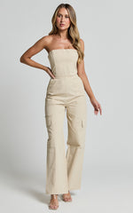 Nellia Jumpsuit - Strapless Straight Leg Cargo Jumpsuit in Stone