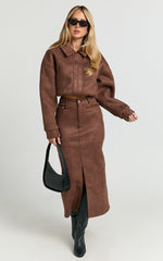 Nessa Midi Skirt - High Waisted Fitted Suede Skirt in Dark Chestnut