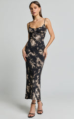 Nicki Midi Dress - Strappy Ruched Bust Slip Dress in Black Tie Dye