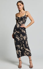 Nicki Midi Dress - Strappy Ruched Bust Slip Dress in Black Tie Dye