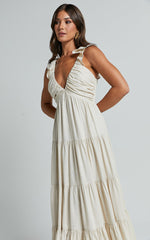 Nicollee Midi Linen Blend Dress - Plunge Neck Sleeveless Tiered Dress in Natural