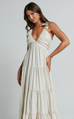 Nicollee Midi Linen Blend Dress - Plunge Neck Sleeveless Tiered Dress in Natural