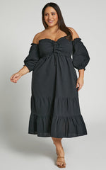 Nikka Midi Linen Blend Dress - Shirred Off Shoulder Puff Sleeve Dress in Black