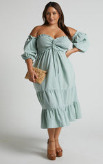 Nikka Midi Linen Blend Dress - Shirred Off Shoulder Puff Sleeve Dress in Sage