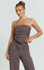 Norma Top - Strapless Linen Blend Scarf Tie Top in Mushroom