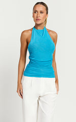 Oaklyn Top - High Draped Neck Mesh Top in Blue